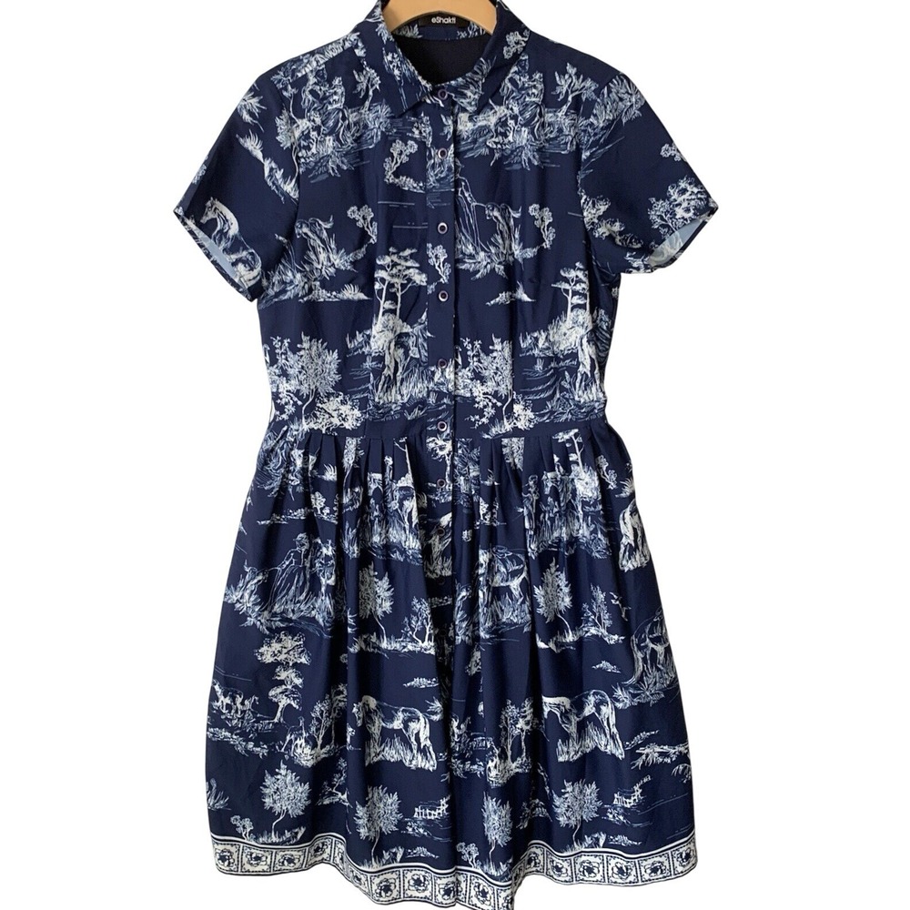 eshakti Navy Blue and White Toile Dress